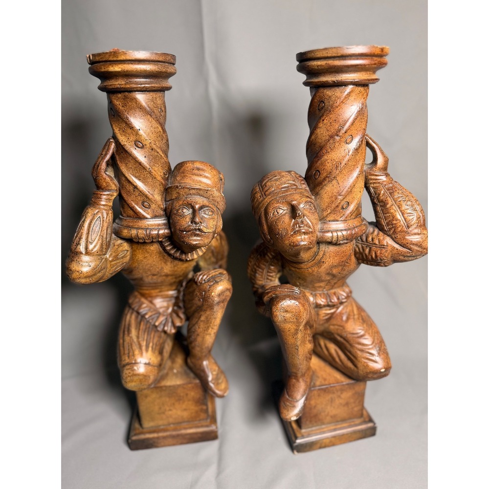 Vintage Renaissance Figural Hand Carved Reclaimed Wood Sculpture set of 2